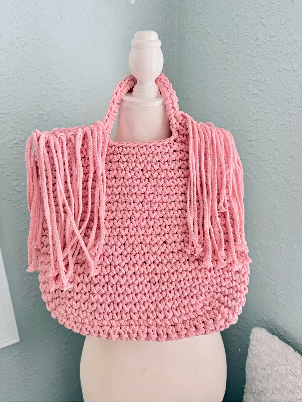Pink POL Floral Crochet Tote Bag - Boho Handmade Style - Picture 4 of 6